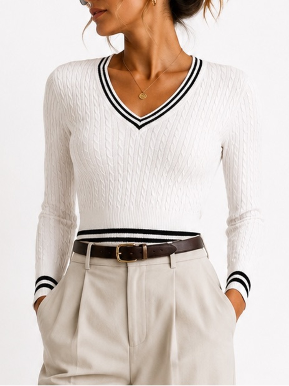 Tommy Hilfiger 100% Cotton V-Neck Cable Knit White Sweater w/ Navy Blue Stripes